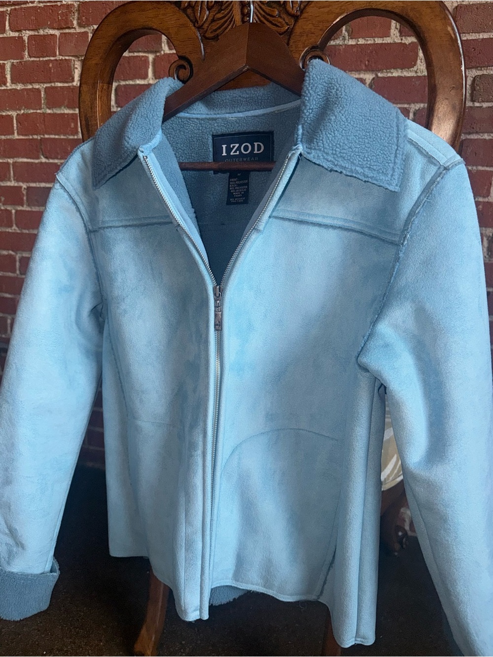 IZOD Outerwear Light Blue Faux Shearling Fleece Zip Jacket Size Medium Y2K